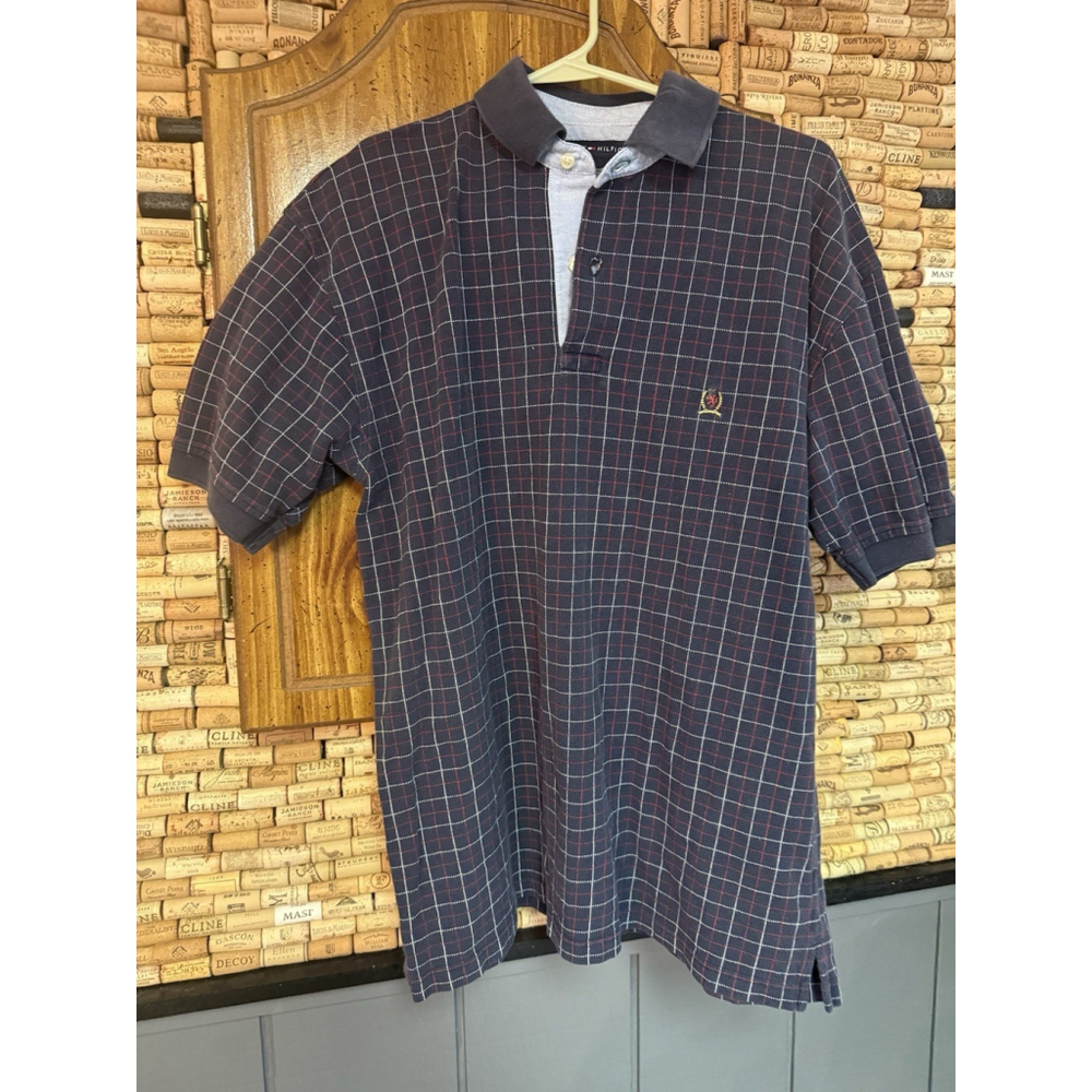 Vintage Tommy Hilfiger Blue & Red Plaid Polo Cotton Shirt Collared Size Large